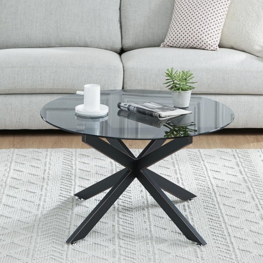 Black Round Glass Coffee Table for Living Room, Home Office, Modern & Simple Center Table with Gray Tempered Glass Top, 35.5" Wx19.7 H