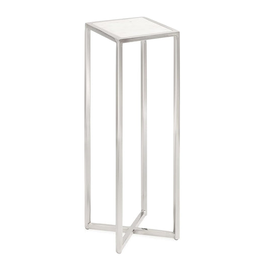 Jaspur Modern Glam Drink Table, 7 x 7 x 21, White and Silver, Decorative Metal and Marble Accent Martini Cocktail Table for Display and Storage