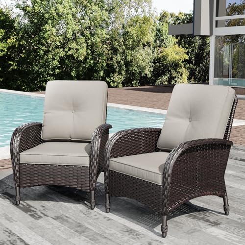 Wicker Patio Chairs Set of 2, Rattan Outdoor Furniture with Thickened Cushions, High Back, Deep Seating, Wide Armrest, Outdoor Chairs for Porch, Deck