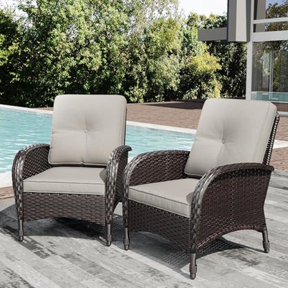 Wicker Patio Chairs Set of 2, Rattan Outdoor Furniture with Thickened Cushions, High Back, Deep Seating, Wide Armrest, Outdoor Chairs for Porch, Deck