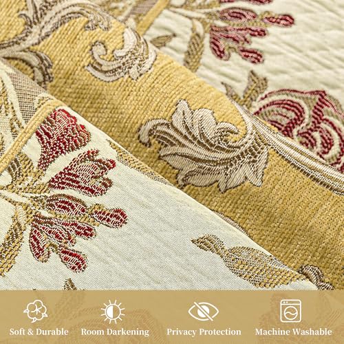 Damask Patchwork Curtains for Bedroom, Beige Yellow Lined Jacquard Curtains 2 Panels with Tiebacks, Window Curtain for Living Room Banquet Halloween Decor, Rod Pocket(52”x 84”, 2 Panels)