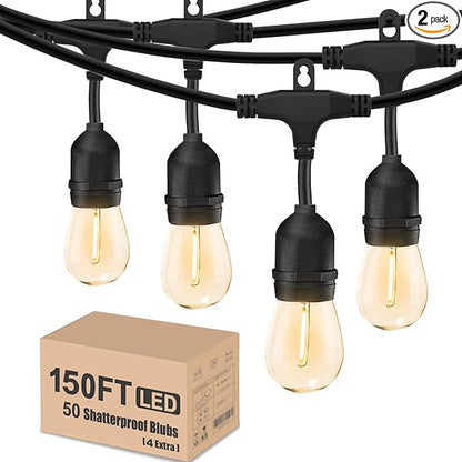 Outdoor String Lights 150 Feet LED Waterproof Patio Lights with 50 Shatterproof Dimmable Warm Edison Bulbs String Lights for Outdoor Gazebo Bistro Wedding Birthday Party Lights, Connectable