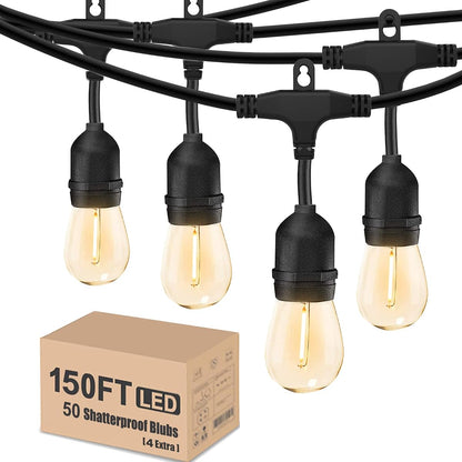 Outdoor String Lights 150 Feet LED Waterproof Patio Lights with 50 Shatterproof Dimmable Warm Edison Bulbs String Lights for Outdoor Gazebo Bistro Wedding Birthday Party Lights, Connectable