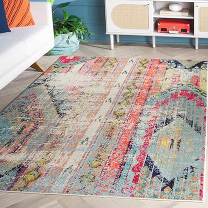 SAFAVIEH Monaco Collection Area Rug - 6'7" x 9'2", Multi, Boho Chic Tribal Distressed Design, Non-Shedding & Easy Care, Ideal for High Traffic Areas in Living Room, Bedroom (MNC222F)
