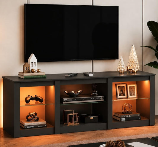 Modern LED TV Stand for 65 70 Inch TV, 58" Entertainment Center with Adjustable Glass Shelves & RGB Lights, Wood Media Console Table for Living Room, Bedroom, Gaming Room, Black