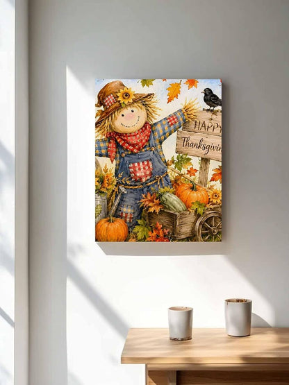 NuYeBiofx Farm Pumpkin Happy Thanksgiving Canvas Wall Art Prints,48"x32" Framed Picture Artwork Cartoon Straw Man Printed Canvas Oil Painting for Living Room Bedroom Office,Ready to Hang
