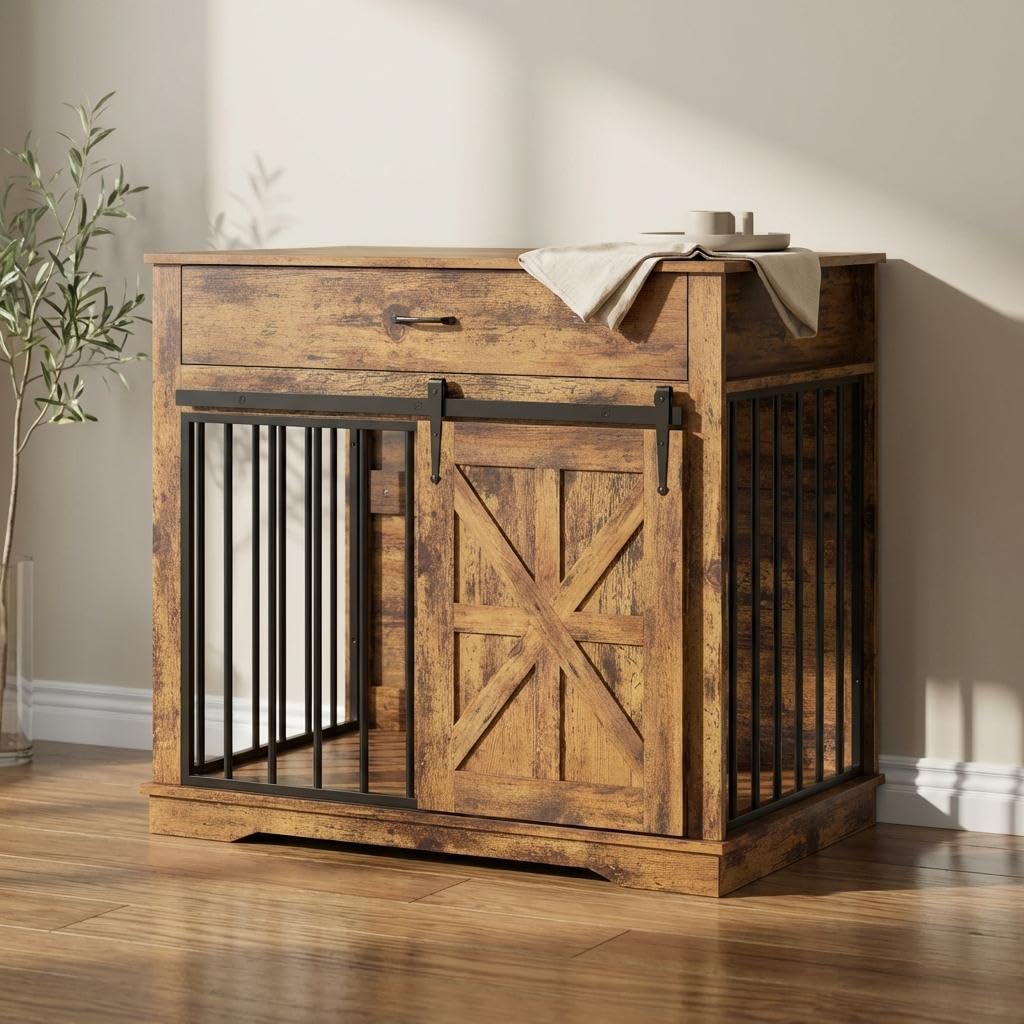 Dog Crate Furniture, 37.8" Large Dog Kennel Indoor with Sliding Barn Door