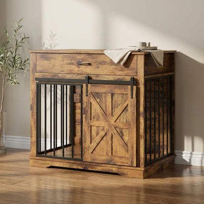 Dog Crate Furniture, 37.8" Large Dog Kennel Indoor with Sliding Barn Door