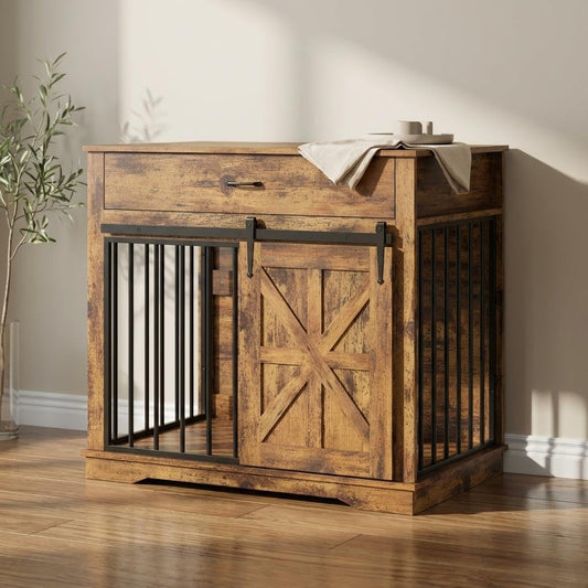 Dog Crate Furniture, 37.8" Large Dog Kennel Indoor with Sliding Barn Door