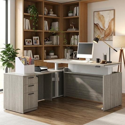 77" L-Shaped Executive Standing Desk with 3 Drawers Cabinet