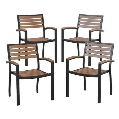 Stackable Aluminum Patio Chair - All-Weather Black Framed Side Chair with Faux Teak Slats - Commercial Grade - Set of 4
