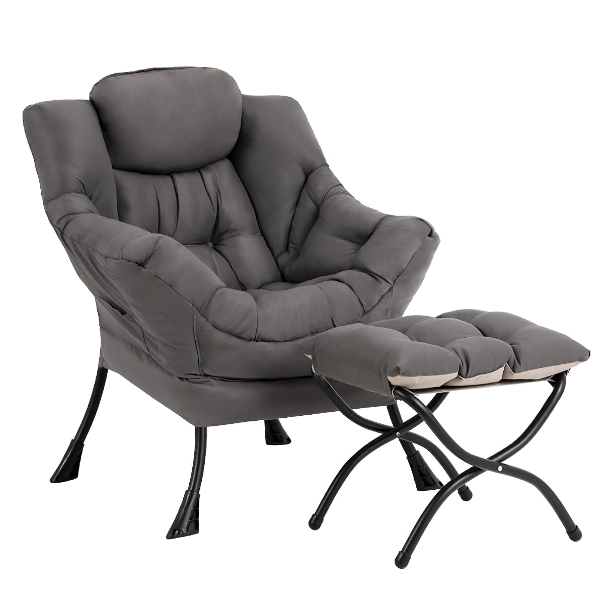 Lazy Chair with Ottoman, Reading Chair with Footrest,Dark Grey