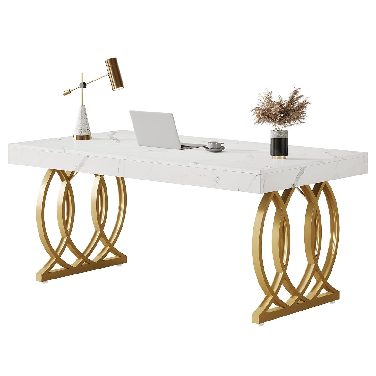 63-Inch Executive Desk, Modern Office Computer Desk with Stylish Gold Legs