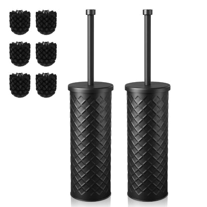 Toilet Bowl Brush and Holder Set 2 Pack with 4 Extra Brush Heads (Black)