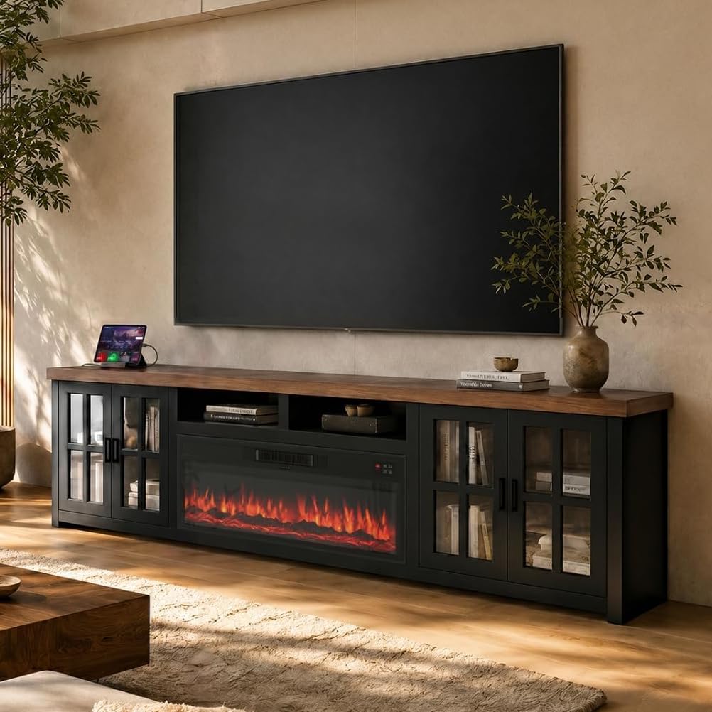 86" Wood Fireplace TV Stand, Black