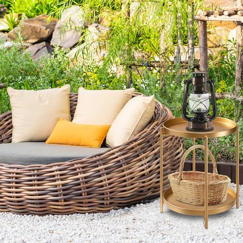 2-Tier End Table, Outdoor Side Table Metal Round Side Table with Removable Tray, Small Folding Accent Table, Anti-Rust Nightstand for Bedroom Balcony Patio Living Room (Gold)