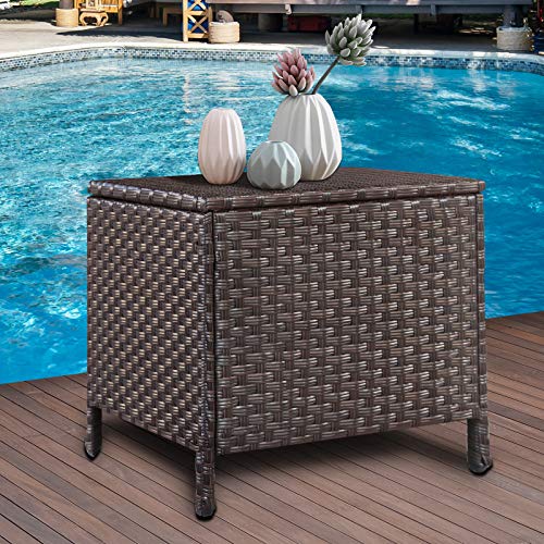 Goognice Outdoor PE Wicker Side Table with Storage Patio Resin Rattan End Table Square Container for Furniture Covers, Toys and Gardening Tools Brown