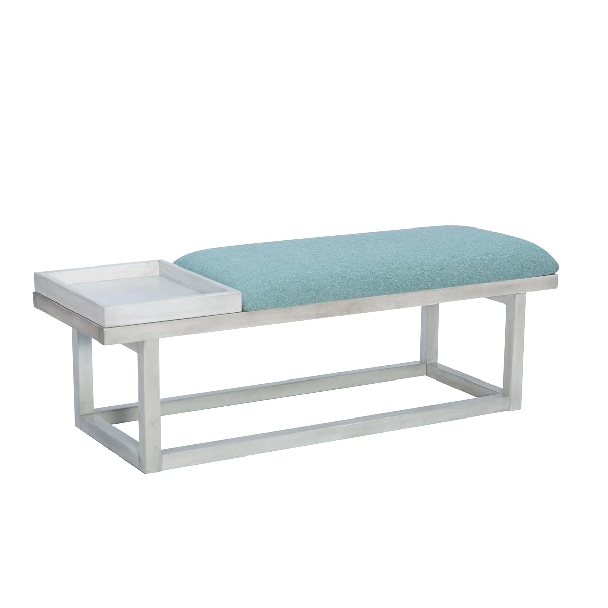 Powell Oakland White Washed Wooden Bench with Aqua Upholstered Seat and Removable Wood Tray