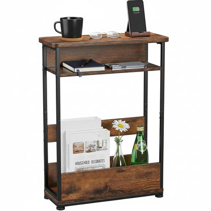Vintage Narrow Side Table with Storage Shelf, 3 Tier Slim End Table Modern Sofa Table for Narrow and Small Spaces, 24.6 Inch Height Bedside Table Small Nightstand with Magazine Rack/Brown