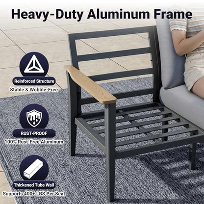 Aluminum Outdoor Patio Furniture Set with 5.1-Inch Cushions | 8-Piece: 3-Seat Sofa, 4 Swivel Rocking Chairs, 2 Side Tables & 55,000 BTU Fire Pit Table, Gray