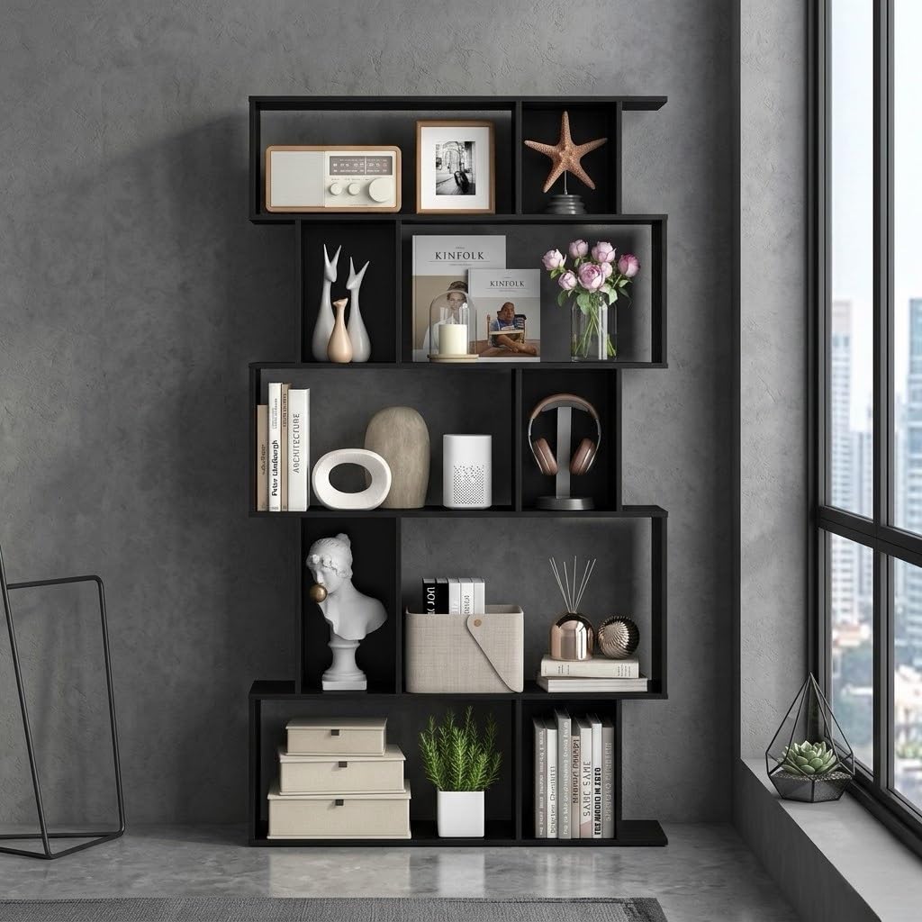 5-Tier Geometric Bookshelf w/Anti-tip Kit & 5 Closed-Back Cubbies