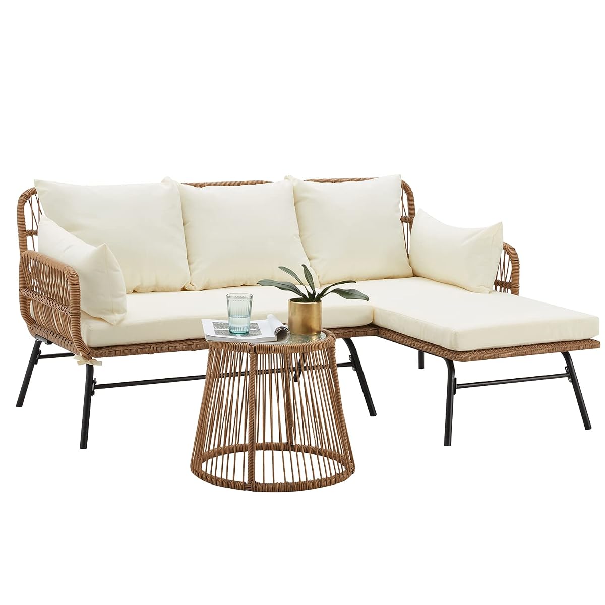 3 Piece Patio Furniture Set, L-Shaped Sectional Conversation Sofa Set with Thick Cushions and Toughened Glass Coffee Table for Backyard Balcony Garden Porch, White
