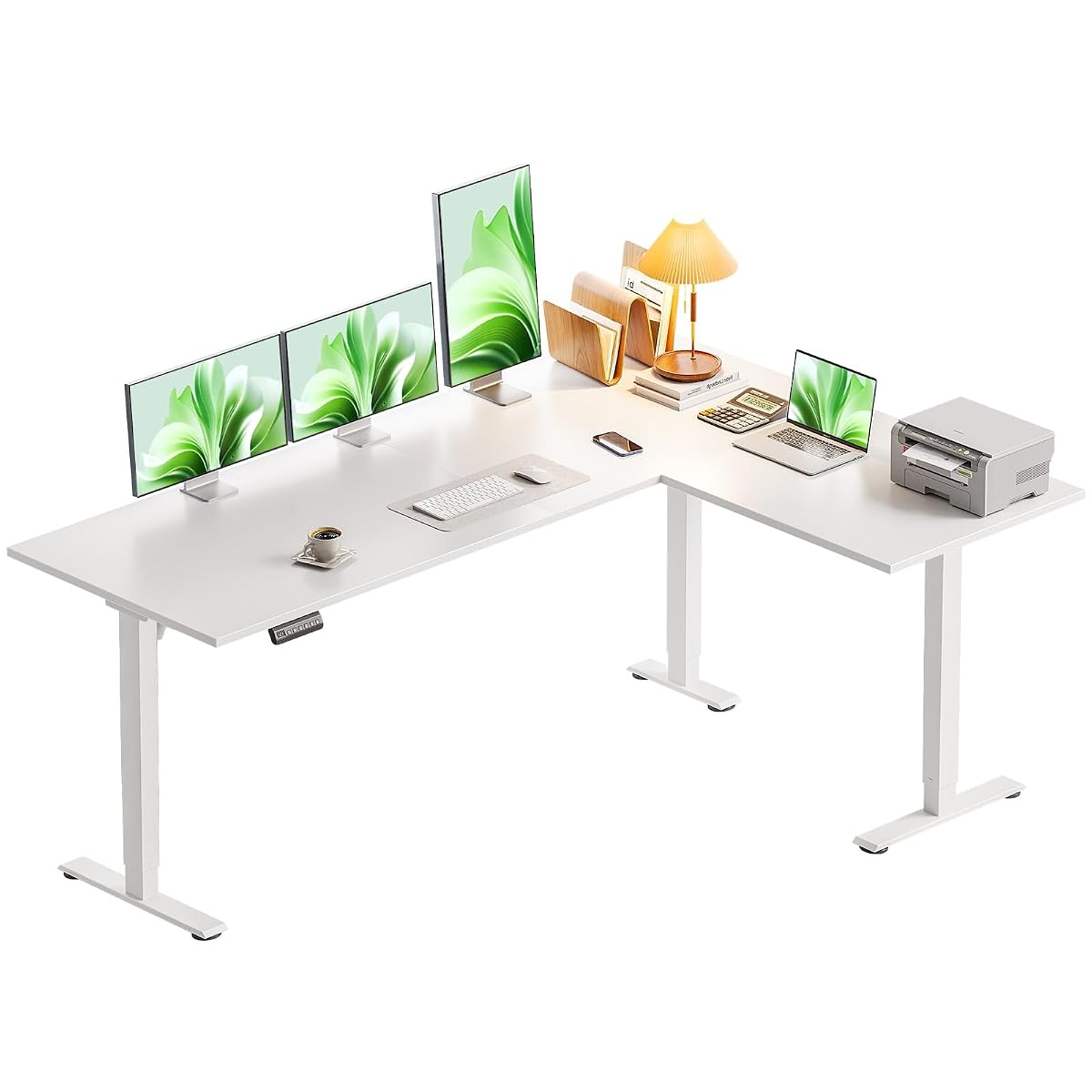 63 Inch L Shaped Electric Standing Desk, Home Office, White