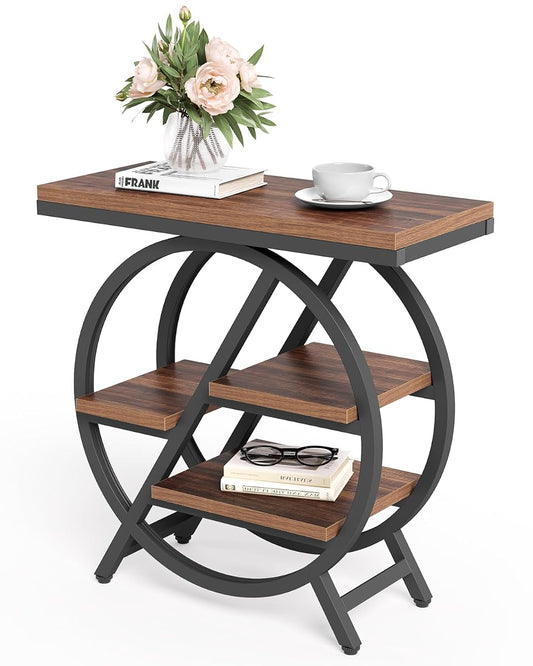 Industrial End Table, Narrow Side Table with 4-Tier Large Storage Space, Modern Bedside Table for Living Room, Home Office, Bedroom, Brown