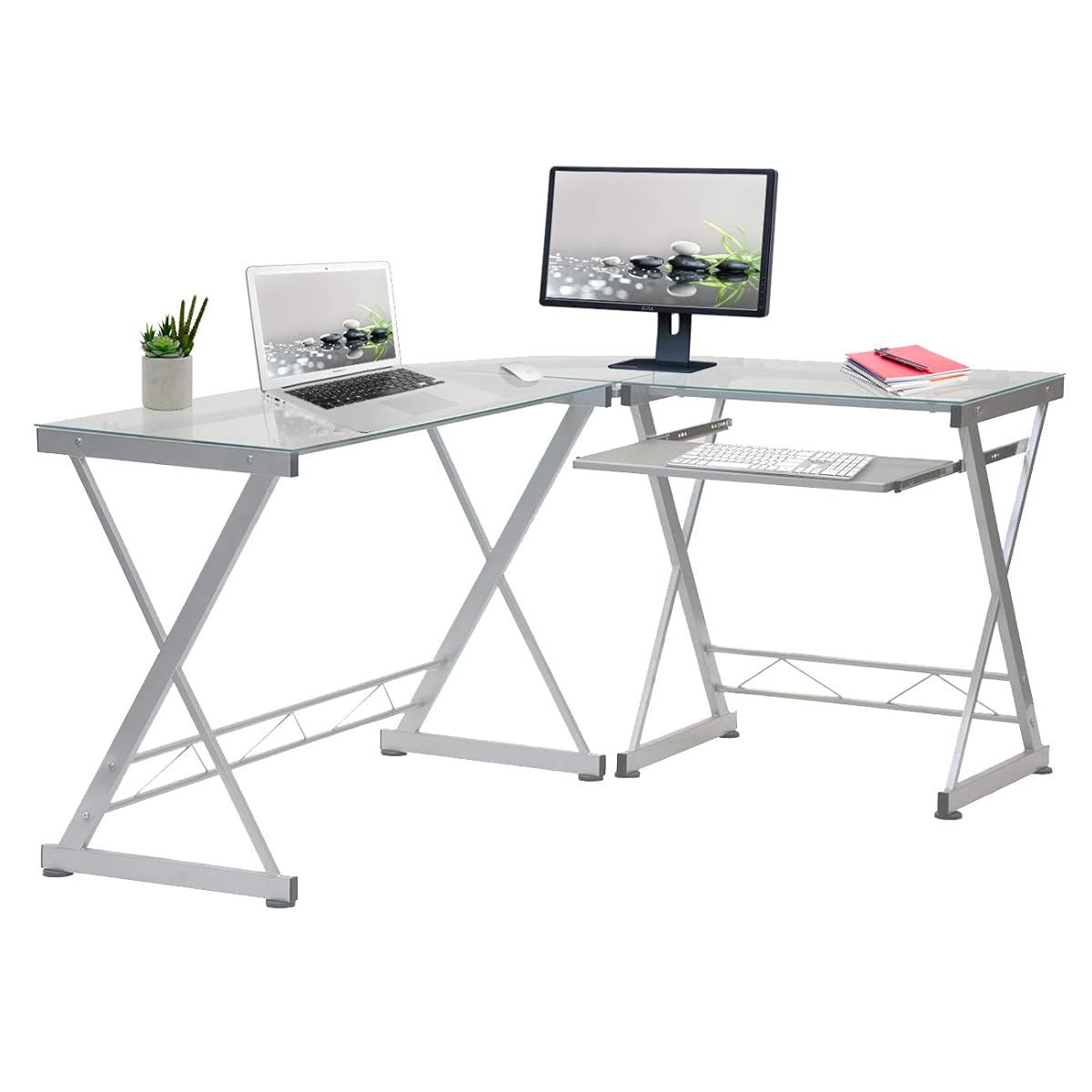 L Shaped Desk with Keyboard Tray - Efficient Work from Home Desk - Glass L Shaped Desk - Professional Work Desk for Home Office - Versatile Glass Corner Desks for Home Office