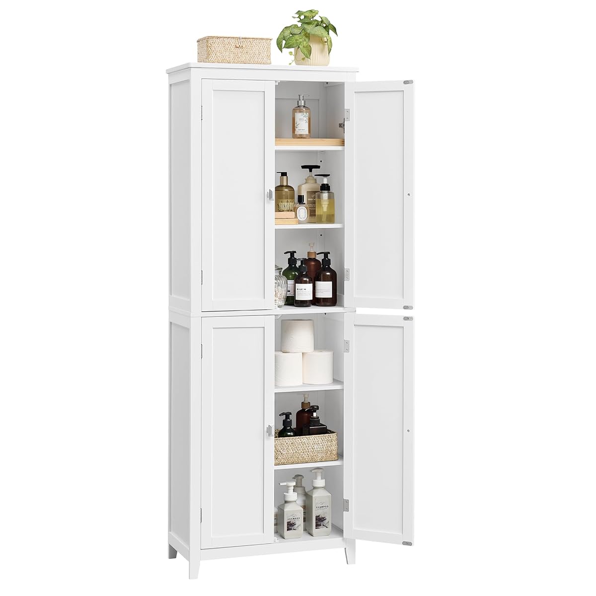 VASAGLE Floor Storage Cabinet, Freestanding Storage Unit with 4 Doors, Adjustable Shelves, 11.8 x 23.6 x 66.9 Inches, for Entryway, Bathroom, Cloud White UBBC550W01