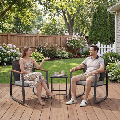 3 Piece Outdoor Patio Wicker Furniture Set, Outdoor Patio Rocking Bistro Set of 2 with Wooden Armrests and Coffee Table for Lawn, Yard, Porch, Balcony (Grey)