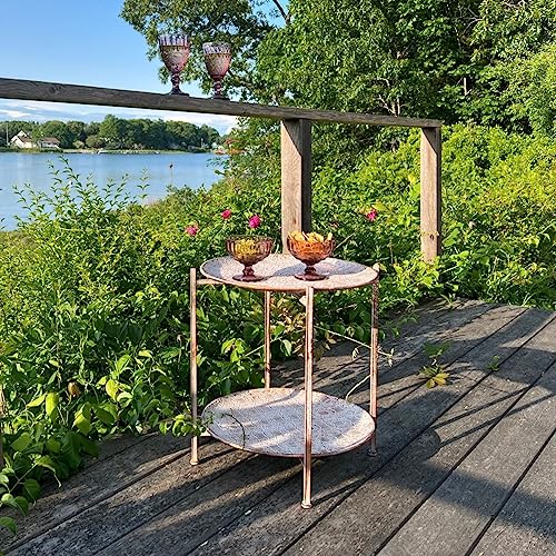 Moroccan Metal Side Table, Intricate Pattern, Removable Lattice Trays, Foldable, Antique Champagne Gold with White Patina, Distressed Finish, 20 Inches Tall