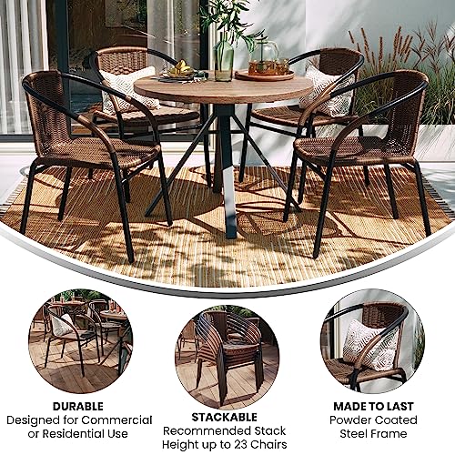 Lila Modern Rattan Indoor/Outdoor Stackable Dining Chairs, Stacking Rattan Bistro Chairs for Patio or Restaurant, Set of 4, Brown