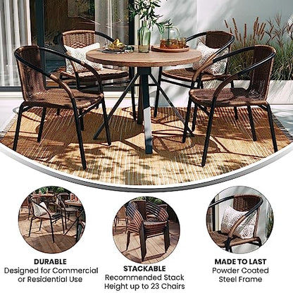 Lila Modern Rattan Indoor/Outdoor Stackable Dining Chairs, Stacking Rattan Bistro Chairs for Patio or Restaurant, Set of 4, Brown