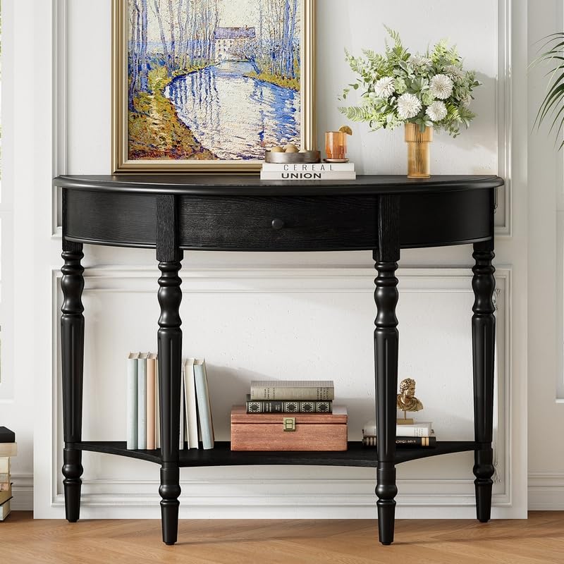 Black half moon console table with drawer and shelf, view 3