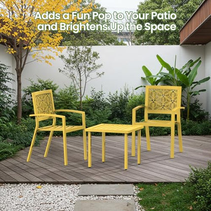 3 Piece Patio Bistro Set, Outdoor Steel Furniture Set, Stackable Modern Conversation Sets for Balcony Garden Deck Patio w/2 Chairs 1 Table, Yellow