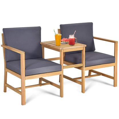 3 in 1 Acacia Wood Loveseat with Separable Coffee Table, 3-Piece Wooden Chairs Set with Cushions, 2-Seater Outdoor Furniture Set for Garden Backyard Balcony Patio Poolside (Natural Teak)