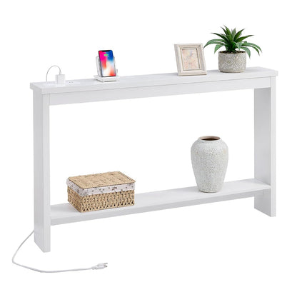 ZGREN Narrow Sofa Table with Outlet and USB Port, Behind Couch Table Skinny Console Table with Charging Station Thin and Long Slim Entryway Table for Living Room, Hallway, Entry Hall, Foyer, White