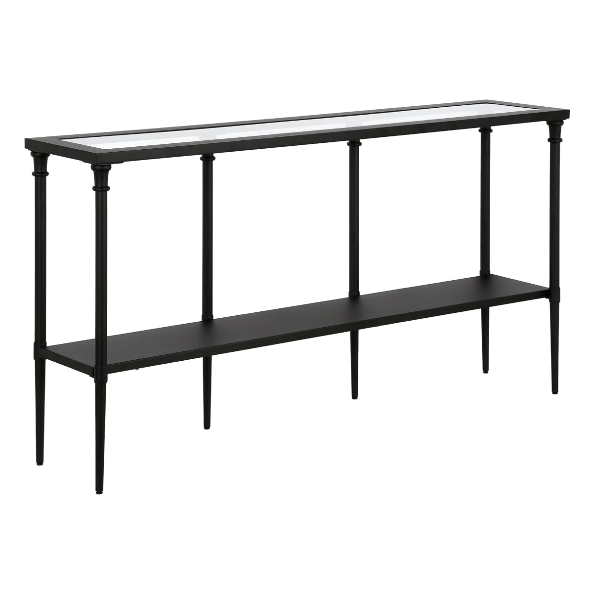 Nellie 55'' Wide Rectangular Console Table with Metal Shelf in Blackened Bronze | Two-tier design with glass top adds stylish storage and display space to entryways, hallways, living rooms, or behind sofas