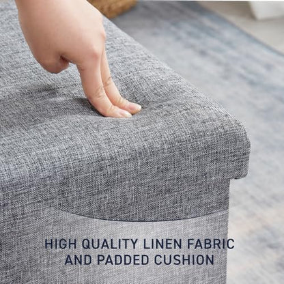 Folding Storage Ottoman, 15 Inch Storage Cube with Lid, Foot Rest Stool for Bedroom, Living Room, Entryway, Tufted Linen Upholstered - Gray