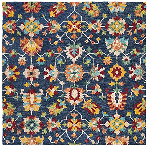 SAFAVIEH Aspen Collection Area Rug - 7' Square, Navy & Red, Handmade Boho Floral Wool, Ideal for High Traffic Areas in Living Room, Bedroom (APN510N)