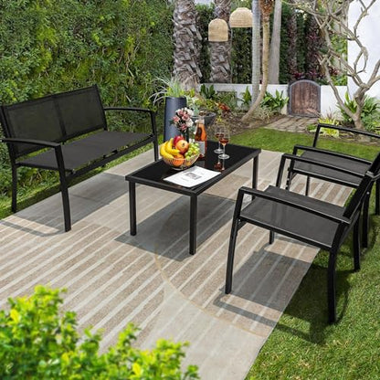 4 Pieces Outdoor Patio Furniture Textilene Modern Conversation Black Bistro Set with Loveseat Tea Table for Home, Lawn and Balcony