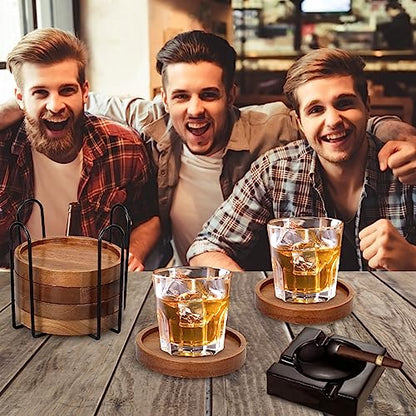 6 Pcs Best Wooden Coasters with Holder Coffee Table Decor Acacia Wood Coaster Set Modern Cup Coaster for Drink Home Dining Table Kitchen Accessories Cute Beer Bar Decorative Rustic Outdoor Coasters