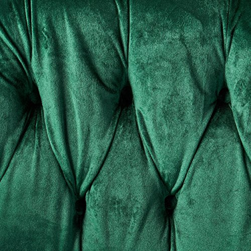 Melaina Tufted Chesterfield Velvet Loveseat with Scrolled Arms, Emerald and Dark Brown.