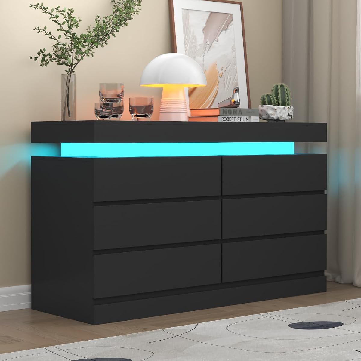 6 Drawer Dresser with Power Outlet, Dresser with LED Light