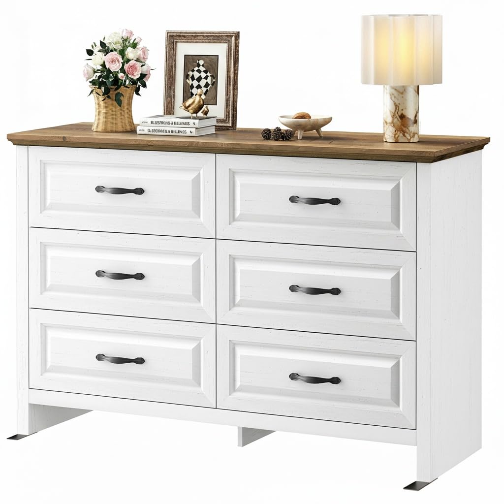 Farmhouse 6 Drawer Dresser, Wood Chest of Drawers with Natural Texture