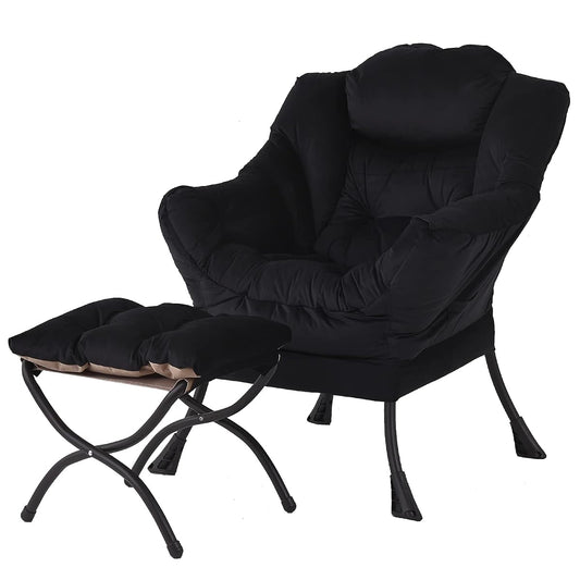 Lazy Chair with Ottoman, Modern Accent Chair with Armrests and a Side Pocket, Leisure Sofa Armchair, Reading Armchair with Footrest for Small Space, Black