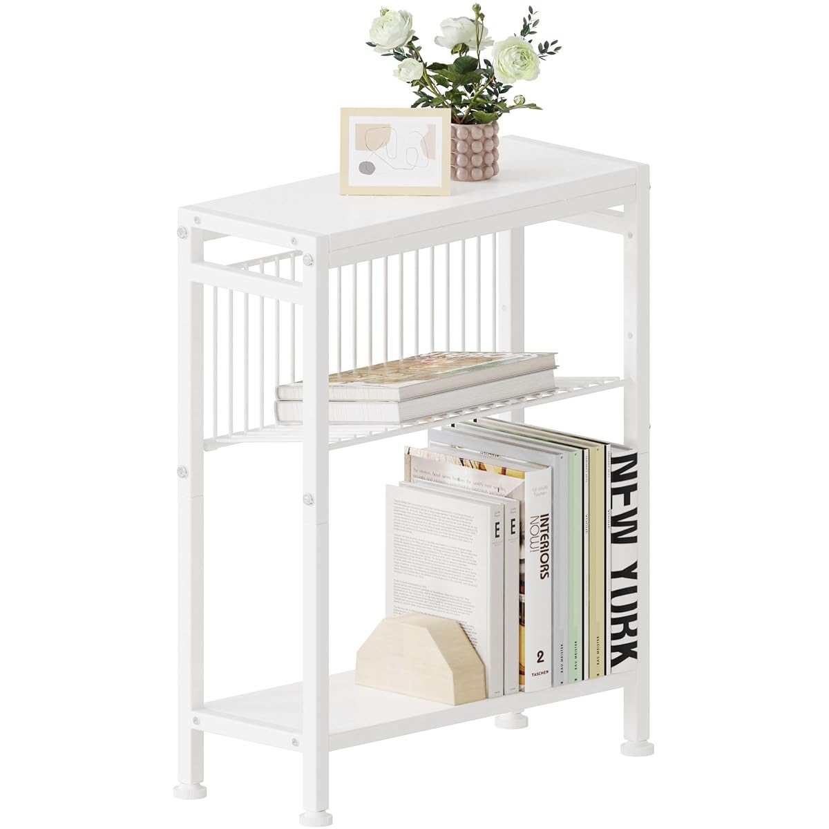 Side Table for Small Spaces, Narrow End Table with Magazine Holder, 2 in 1 Design Slim Side Table, Skinny Nightstand for Living Room Bedroom, Thin Side Magazine Table, White