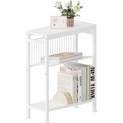Side Table for Small Spaces, Narrow End Table with Magazine Holder, 2 in 1 Design Slim Side Table, Skinny Nightstand for Living Room Bedroom, Thin Side Magazine Table, White