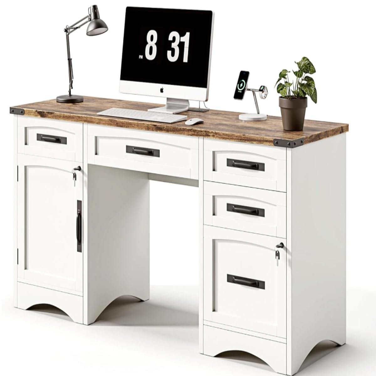 55 Inch Farmhouse Executive Desk with Drawers and Charging Station